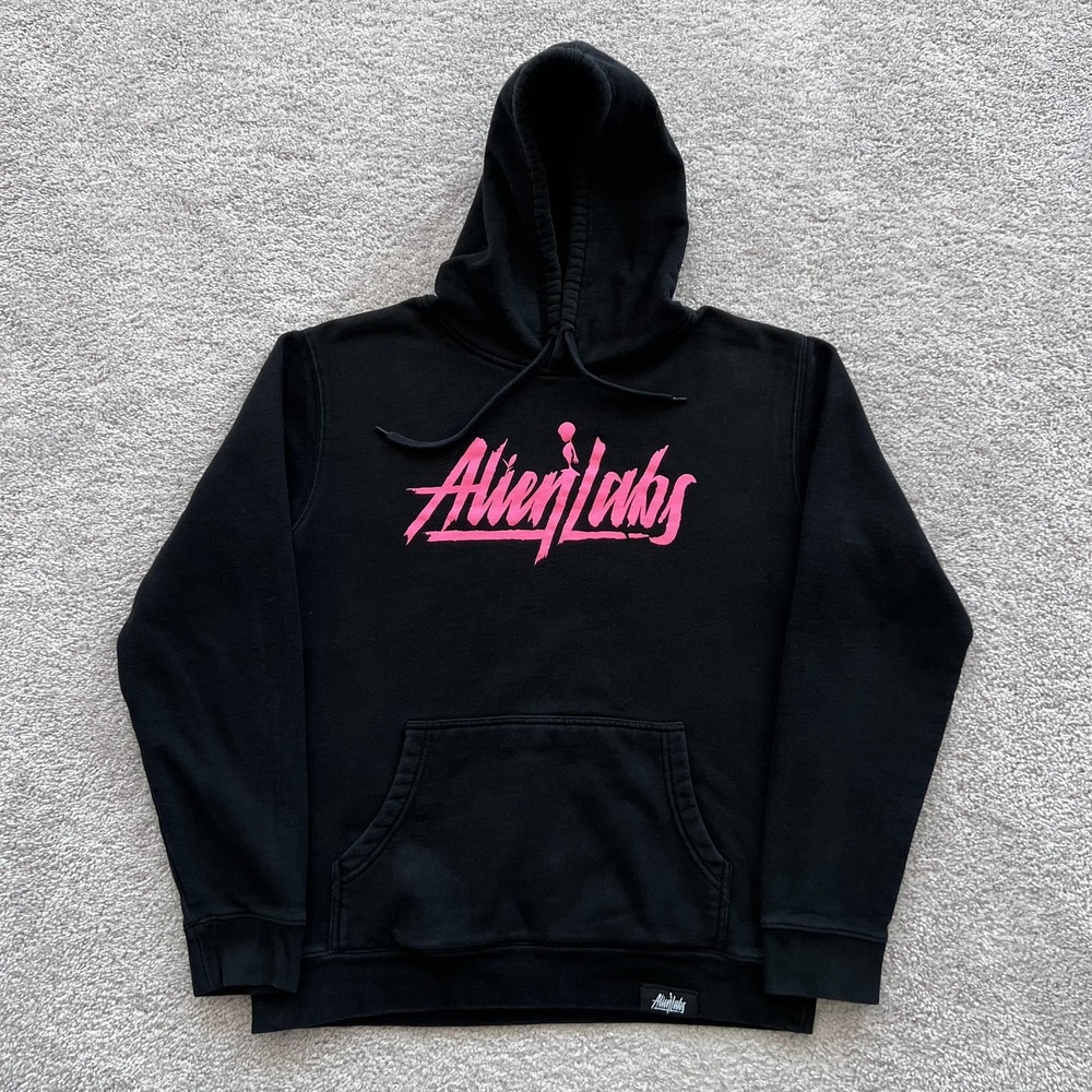 Alien Labs Hoodie Mens Medium Black Pink‎ Logo Graphic Fleece Pullover Front